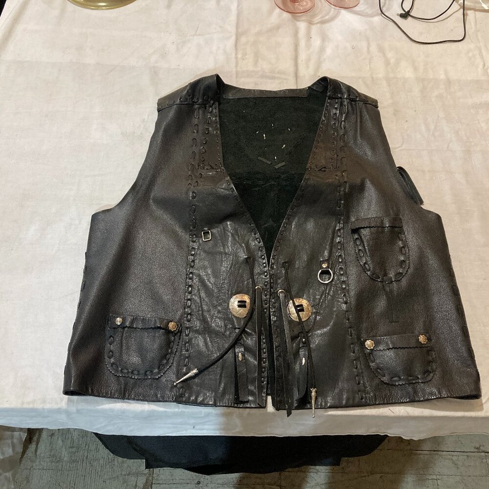 Vtg black leather studded fringe western cowboy biker rocker mens vest